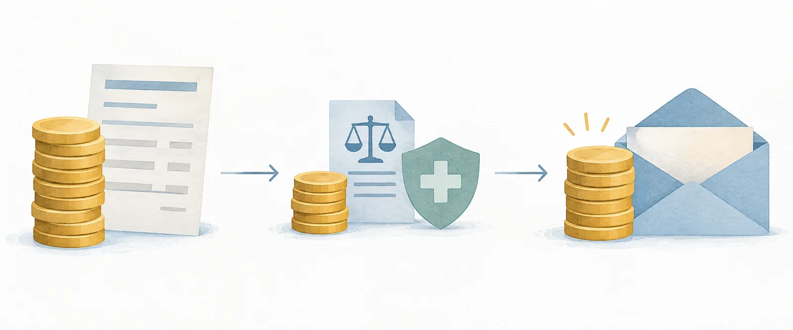 Ilustração editorial do salário que passa por descontos até se tornar o valor líquido